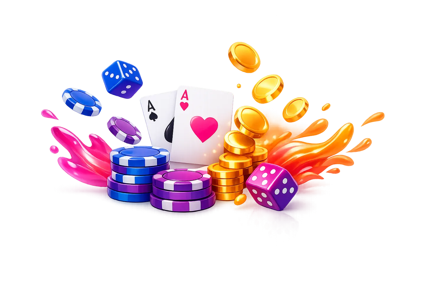 Glossy isometric 3D render of floating gaming elements with stacked poker chips, playing cards, glowing gold coins, and styli